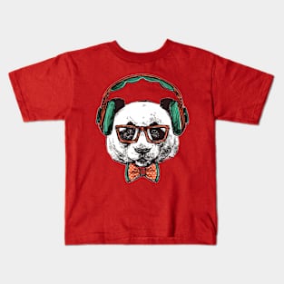 Hipster PANDA portrait wearing headphones Kids T-Shirt